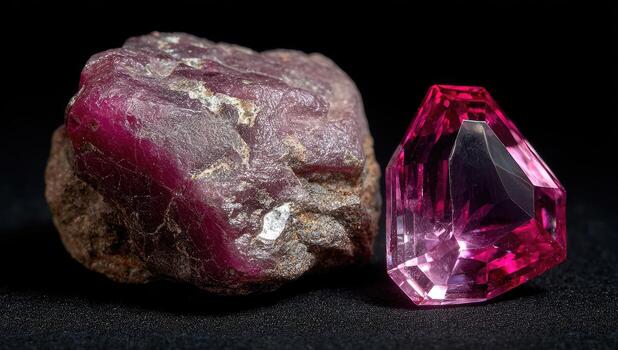 Raw, rough mineral and a precisely cut, faceted gem sit side-by-side against black backdrop photo