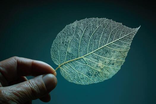 Delicate leaf skeleton held in hand against a teal backdrop, highlighting its intricate veins photo