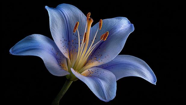 Close-up of a vibrant blue lily against a stark black background, highlighting delicate details photo