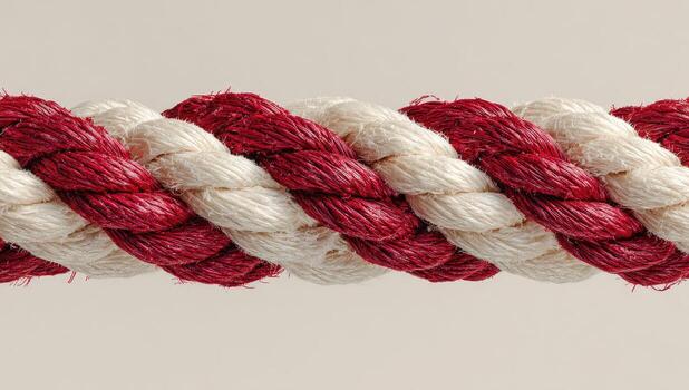 Close-up shot of a thick, twisted rope featuring alternating bands of red and white colors photo