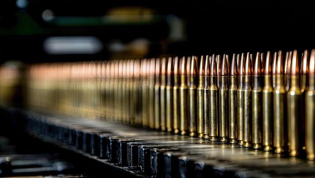 Close-up row of polished, brass-tipped projectiles on a dark, industrial conveyor belt photo