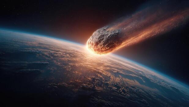 Dramatic depiction of a fiery asteroid hurtling toward Earth, creating a devastating impact photo