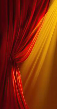 dramático rojo etapa cortinas iluminado por un dorado destacar en un cálido, oscuro antecedentes foto