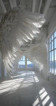 Large, white, feathery wings suspended in a sunlit, minimalist room with windows photo