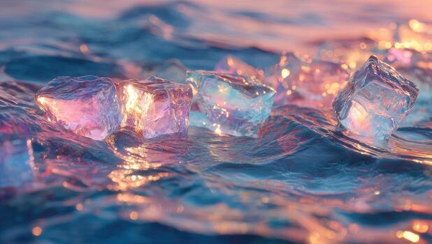 hielo cubitos flotador en agua, reflejando el calentar matices de atardecer, creando un sereno escena foto