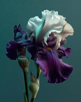 A close-up shot of a multi-colored iris in full bloom, with a teal backdrop photo