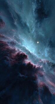 Cosmic clouds swirl in deep space, with brilliant blues, purples, and a distant star photo