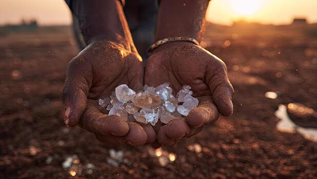 Hands cupping a pile of crystals, illuminated by golden light. Earthy background photo