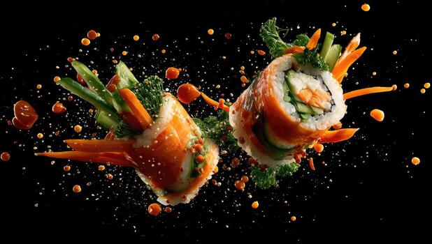 Two sushi rolls burst, scattering sauce and garnish against a black backdrop photo