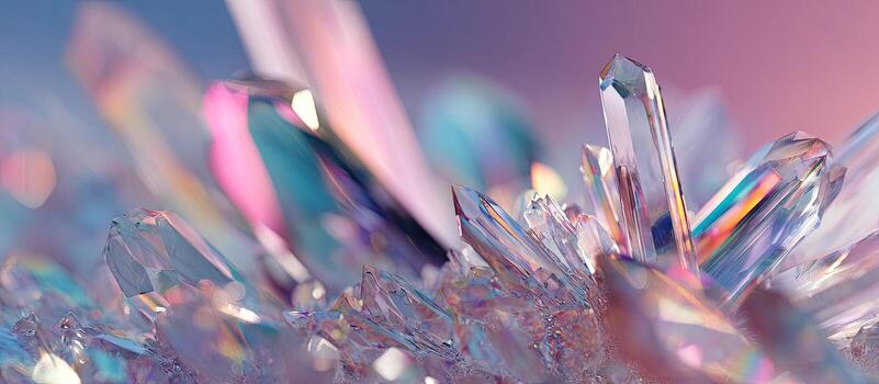 Close-up of a cluster of translucent, sharp-pointed crystals with colorful refraction against a gradient photo