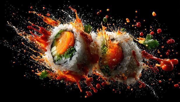 Sushi rolls explode with vibrant orange sauce against a stark black backdrop, creating splash photo