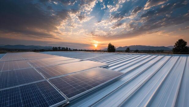 Array of solar panels on roof with dramatic sunset. Background features mountains and cloudy sky photo