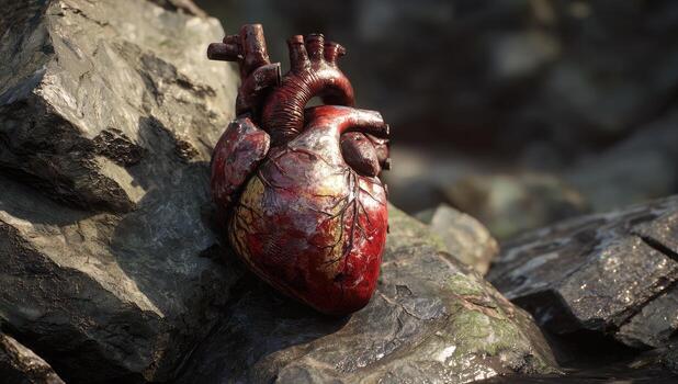 A weathered human heart rests on rough, gray rocks, close up, with veins visible photo