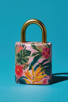 A pink lock with vibrant floral patterns and a golden handle sits against a blue backdrop photo