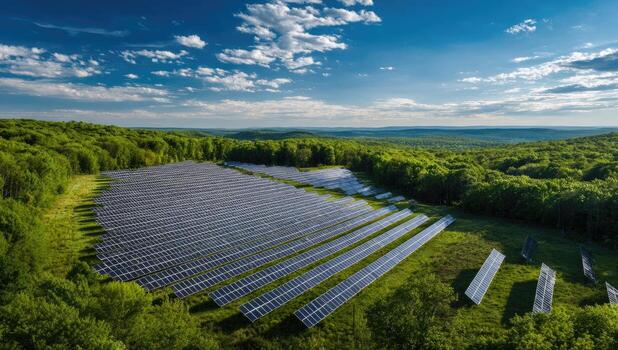 Expansive solar panel array nestled in a lush, green forest under a vibrant blue sky photo