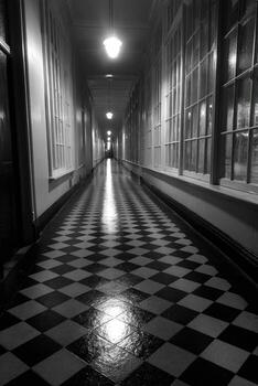 A long, black and white checkerboard floored hallway with windows on the right and lights overhead photo