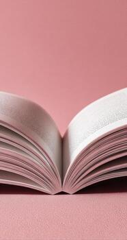 An open book with white pages, against a soft pink background, top half of the image photo