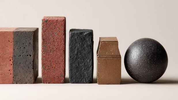 Assorted geometric forms bricks and sphere, varying in texture and color, against a neutral backdrop photo
