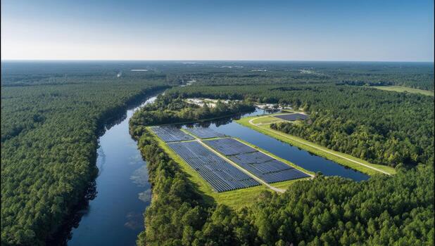 Aerial view of a solar panel array in a water reservoir surrounded by a lush forest photo