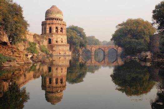 An old brick tower and bridge are reflected in still water, framed by trees photo