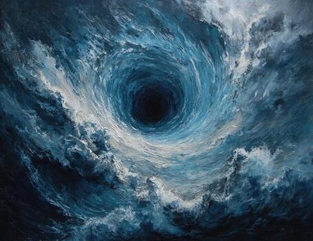 A dark, swirling vortex dominates a blue ocean, painted with dynamic strokes photo