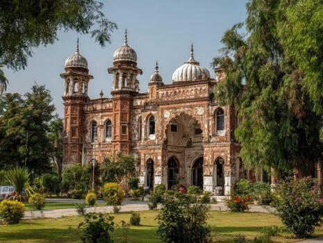 Ornate, weathered stone building with domes and arches, framed by lush green trees photo