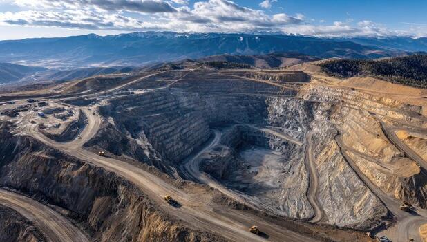 Expansive aerial view of a massive open-pit mine, mountains in the distant background photo