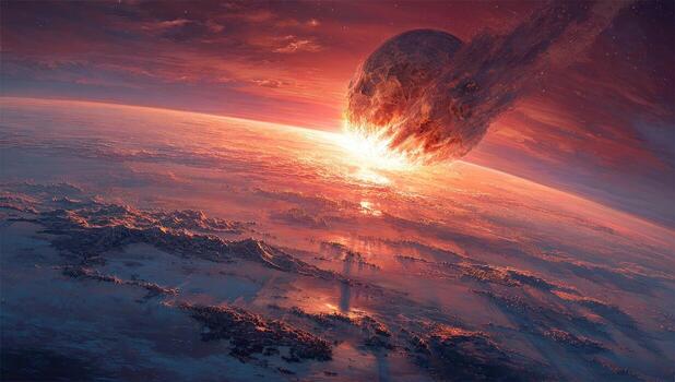 Epic cosmic scene planet gets hit by a colossal space object, dramatic sunset photo