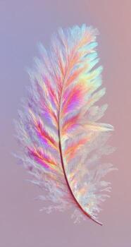 A single, iridescent feather displays vibrant colors against a soft, pastel background photo