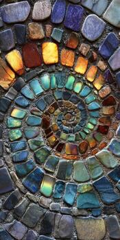 Close-up of a mosaic, spiral design with colorful, irregular tiles. Cool and warm tones photo