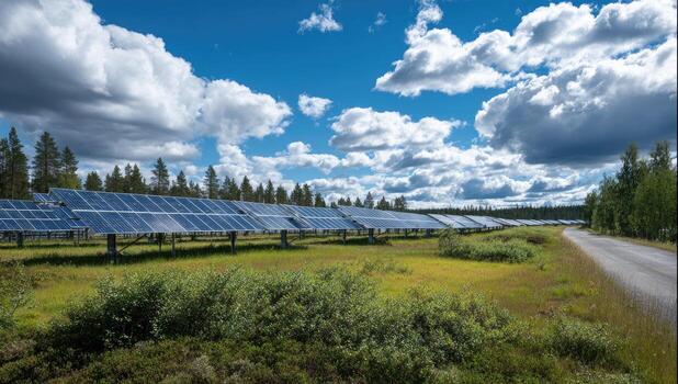 Array of solar panels in a field under a bright blue cloudy sky, near a road and trees photo