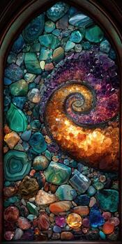 un mosaico de piedras preciosas en varios colores, arreglado en un espiral forma dentro un arqueado marco foto
