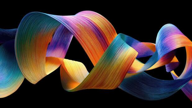 A vibrant, flowing ribbon of multiple colors swirls against a stark black background photo