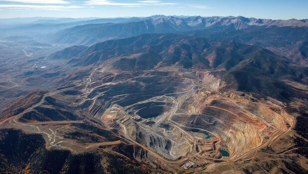 Aerial view of a vast open-pit mine carved into a mountainous landscape under a bright blue sky photo