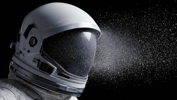 An astronaut in a white space suit, helmet close-up with misty effect against black photo