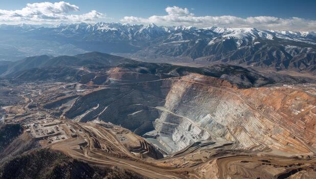 Aerial view of massive open-pit mine in a valley against a backdrop of snow-capped mountains photo
