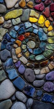 Colorful mosaic of stones in a spiral pattern, showcasing a vibrant spectrum of hues and textures photo