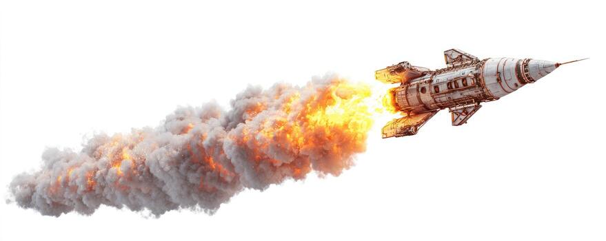 Rocket launch with fiery exhaust and smoke trail photo