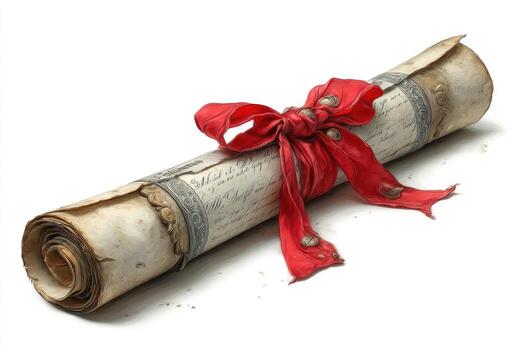 Aged scroll, rolled parchment, tied with crimson ribbon photo