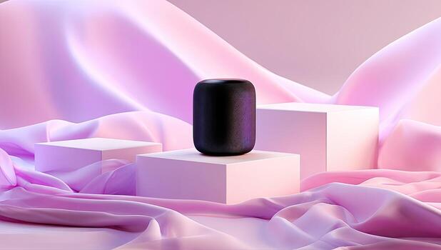 A sleek, dark object rests on soft, pastel-colored podiums. Draped fabric flows around the scene photo