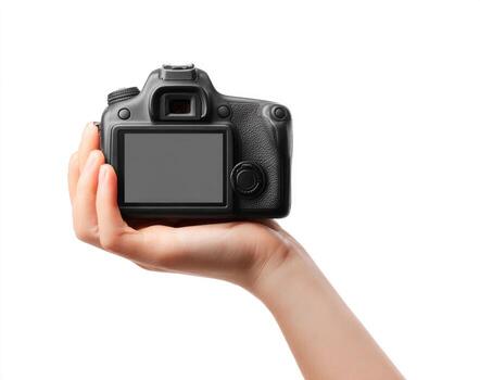 Hand holding a black digital camera. A hand, light-skinned, holds a small, black digital camera against a plain white background. The camera's LCD screen is visible photo