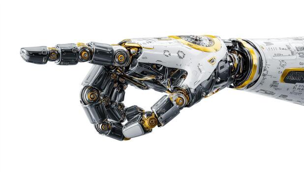 Detailed close-up of a mechanical arm, pointing. Complex articulated fingers and joints, showcasing intricate design. White and black chassis with gold accents. Isolated on a pure white background photo