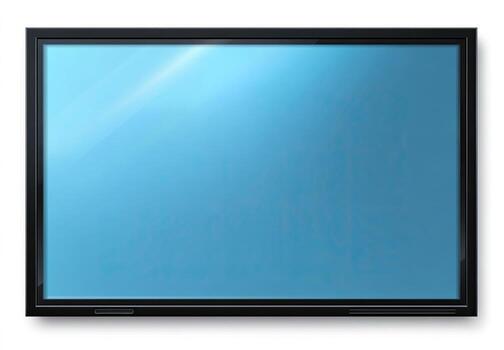 Flat-screen TV with light-blue display. Black frame photo