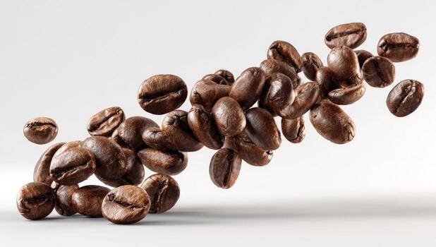 Roasted coffee beans in mid-air, against a bright white background. A stylized, dynamic presentation of coffee beans in motion photo