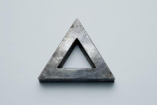 A weathered, metallic triangle, a simple geometric shape. Its edges are slightly distressed photo
