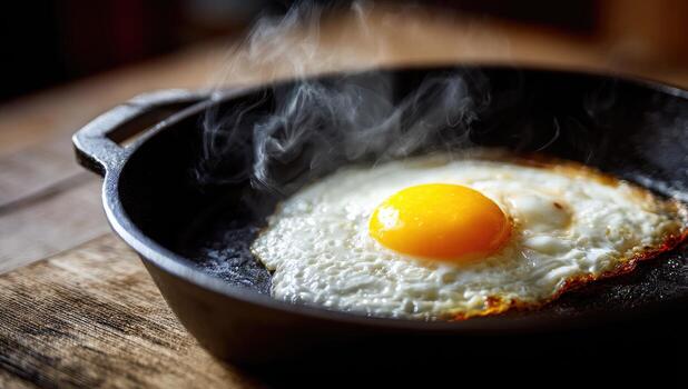 Close-up view of a sunny-side-up egg sizzling in a cast iron pan, steam rising photo