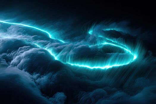 A swirling, luminous teal line curves through a dark, hazy landscape of clouds photo