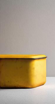 Close-up of a honey-yellow, slightly textured, hexagonal box or container. A muted, light beige background. The box's edges are defined by a dark, almost black, border photo