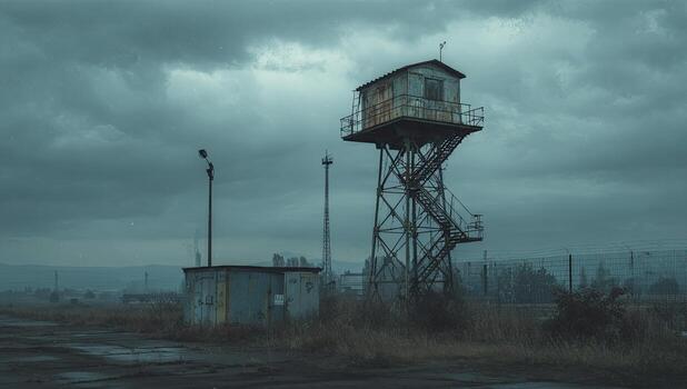 Rusty watchtower on a desolate industrial site under a stormy sky photo