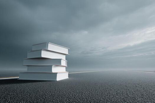 Stacked books on a paved road under a cloudy sky photo